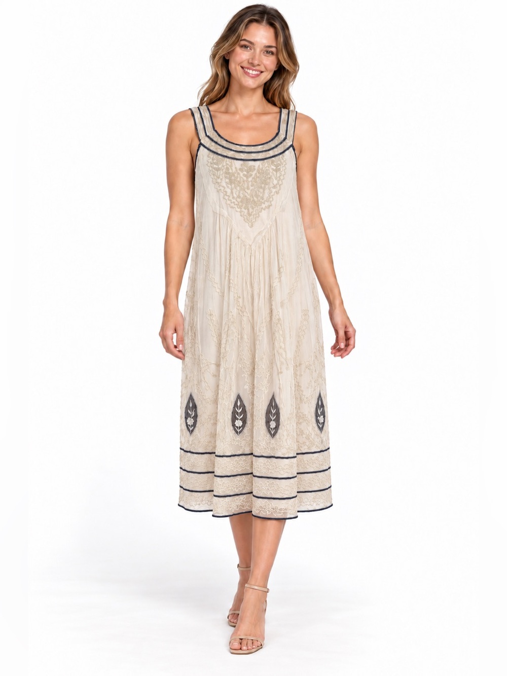Sundance Embroidered Mesh Midi Dress 6 Ivory Boho Flapper Cottagecore Fairycore